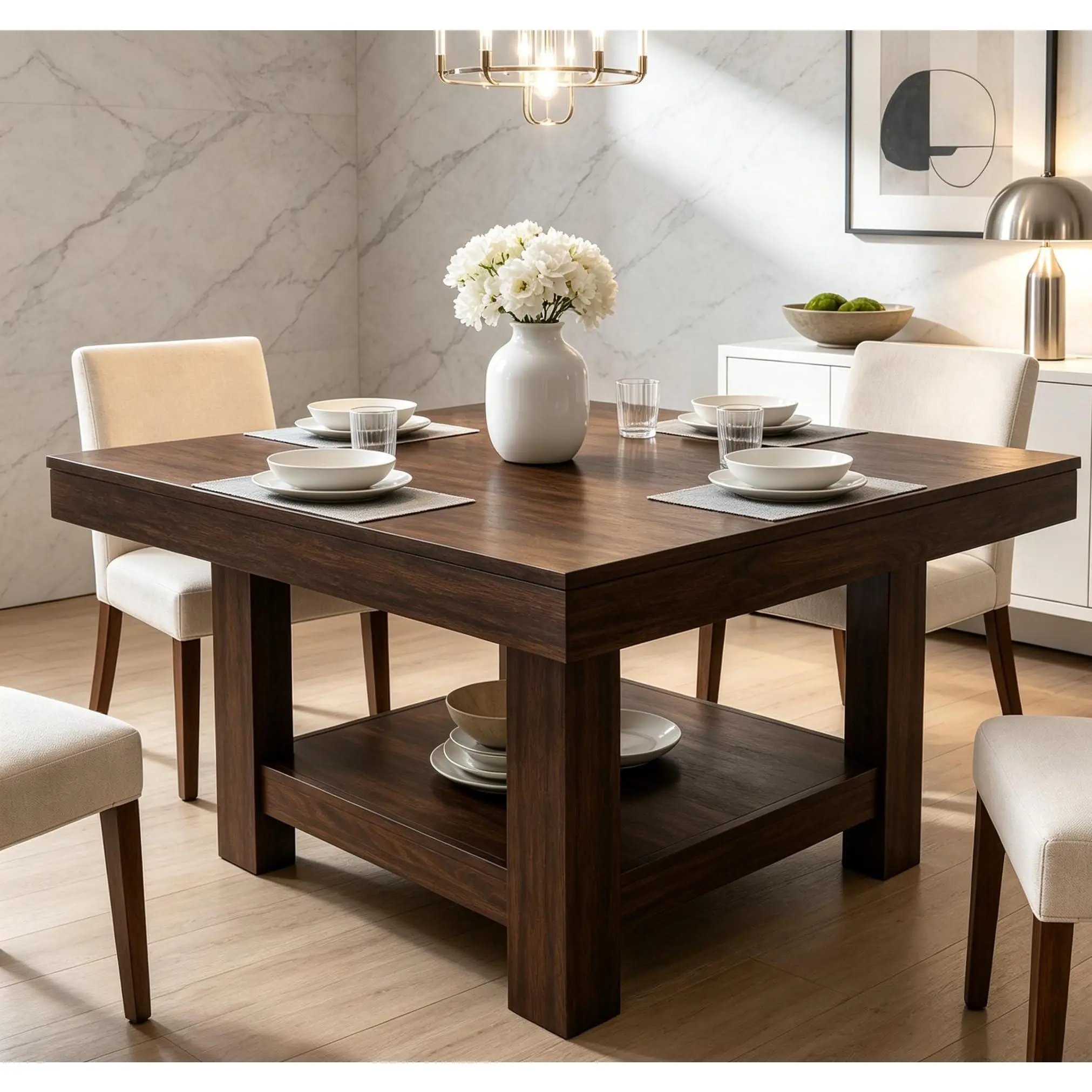 Garvee 47" Square Heavy-Duty Dining Table - Heavy Duty Sturdy Construction Triangle Wooden 2-Tier Dining Room Furniture, 350 lb Capacity, Waterproof Wood Top, 2-Tier Storage Shelf, Black for 4-6 People, Heavy Duty Dining Room Furniture, Sturdy Constructio
