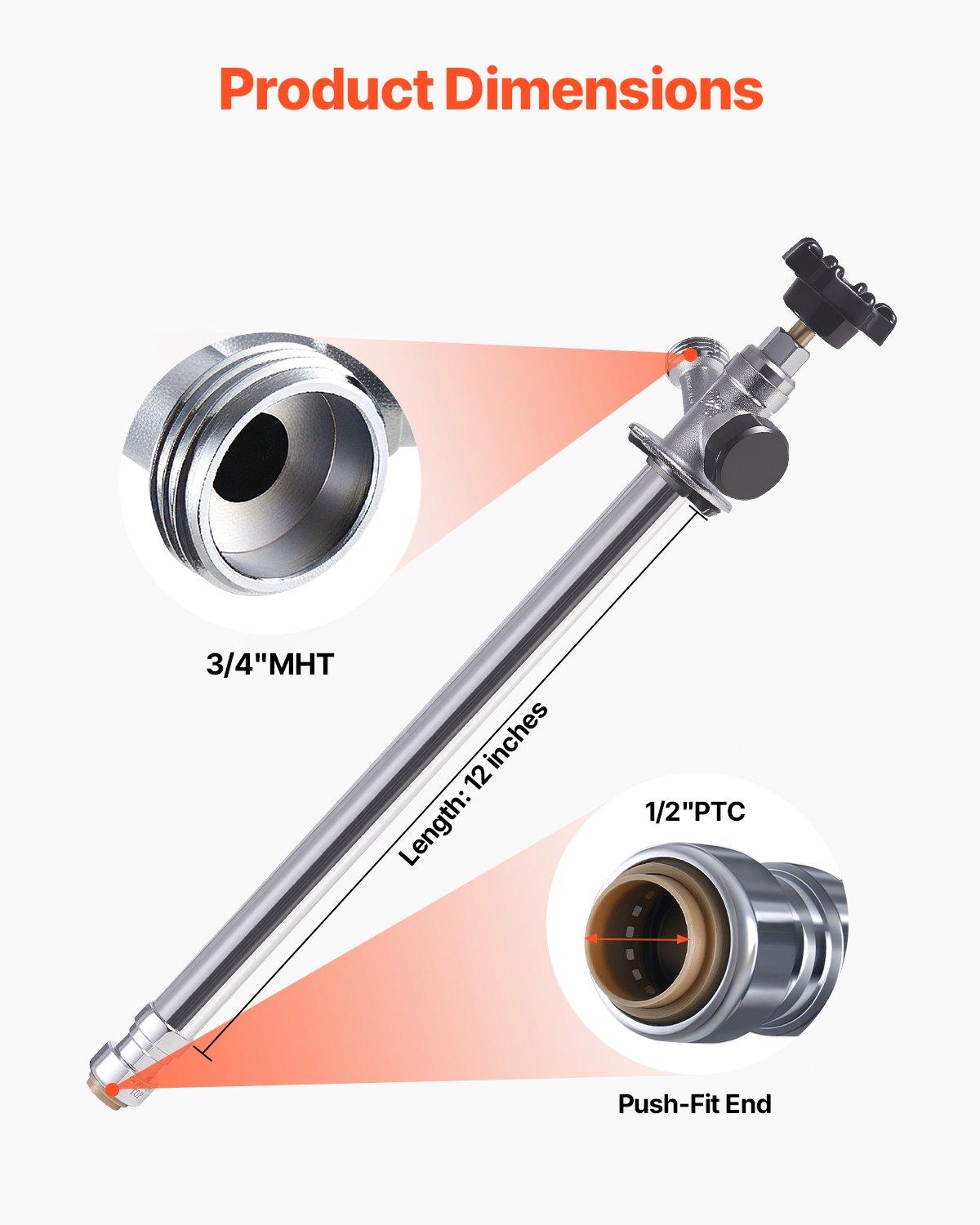 VEVOR 12-Inch Frost-Free Sillcock, 1/2" PTC x 3/4" MHT Hose Bibb, Anti-Siphon Lead-Free Brass Valve, Push-to-Connect Brass Plumbing Fitting, Compatible with PEX, Copper, CPVC Pipes VEVOR 12-Inch Frost-Free Sillcock, 1/2" PTC x 3/4" MHT Hose Bibb, Anti-Siphon Lead-Free Brass Valve, Push-to-Connect Brass Plumbing Fitting, Compatible with PEX, Copper, CPVC Pipes