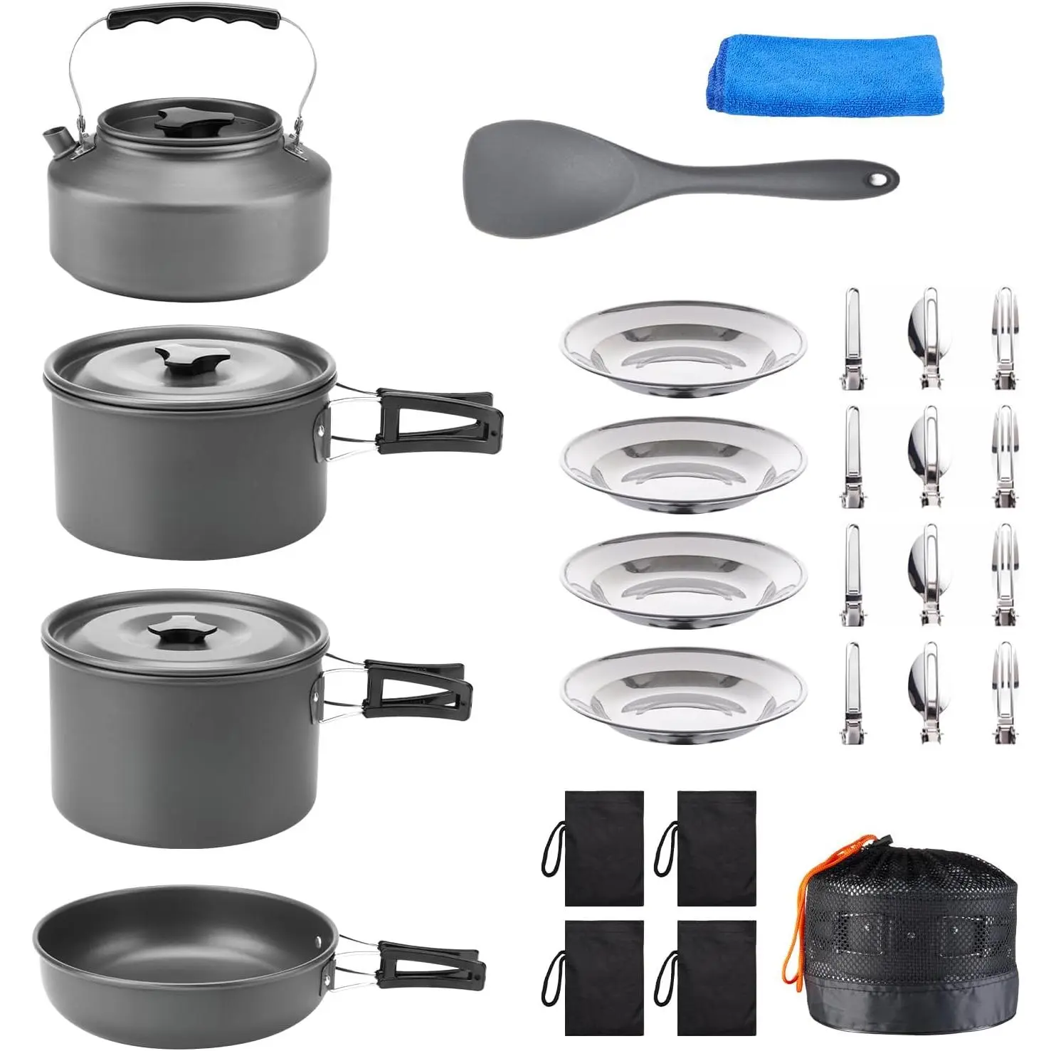 27pcs Camping Cooking set for 2-4 People, Portable Cookware Set with Kettle, Pots & Pans, Stainless Steel Utensils, Plates, Dishware for Backpacking, Picnic, Outdoor Adventures