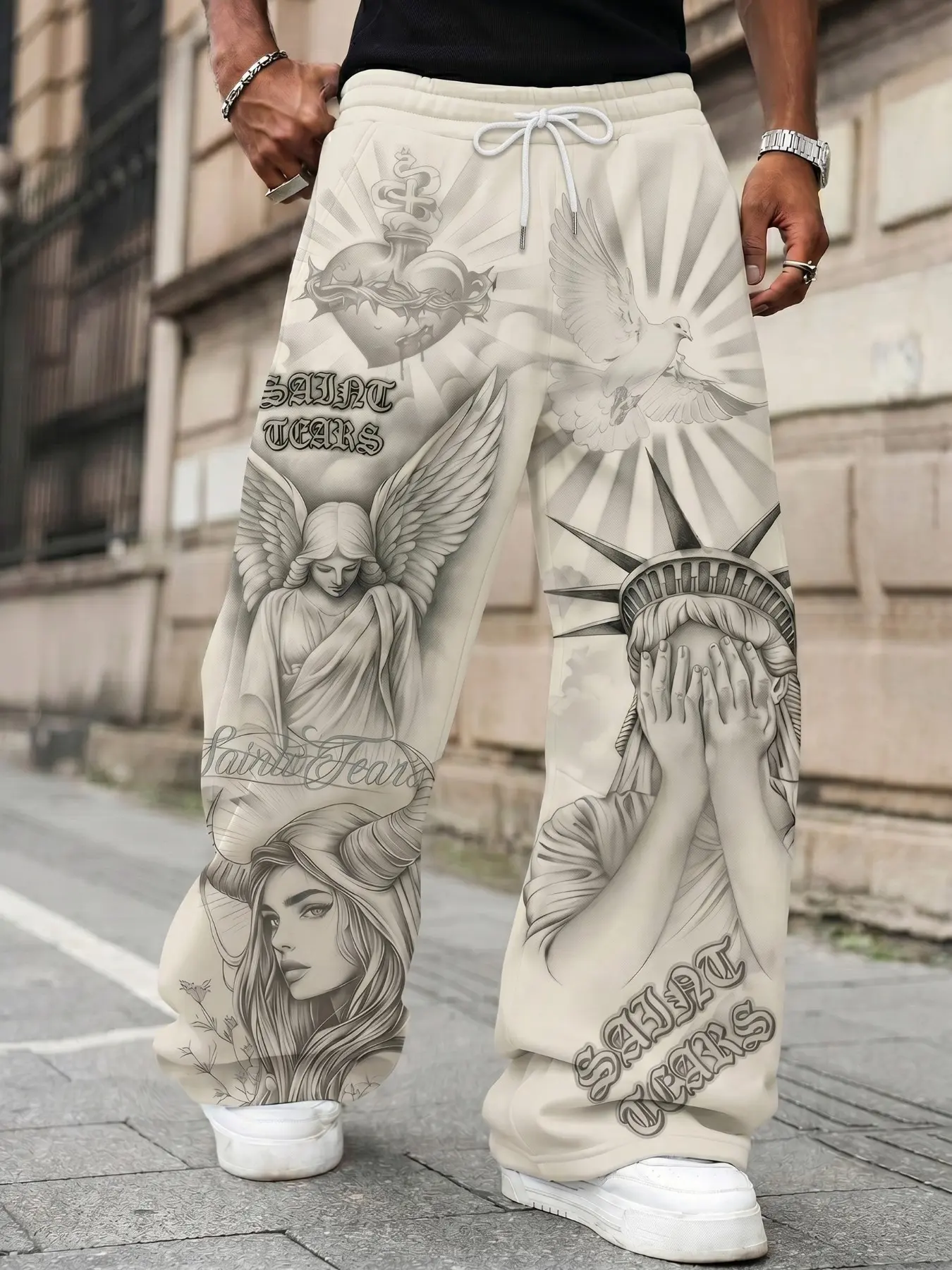 Polyester Men Y2K Streetwear Cream White "Saint Tears" Tattoo Style Angel & Liberty Graphic Print Baggy Sweatpants, Elastic Waist Wide Leg Casual Joggers For Hip Hop Outfits