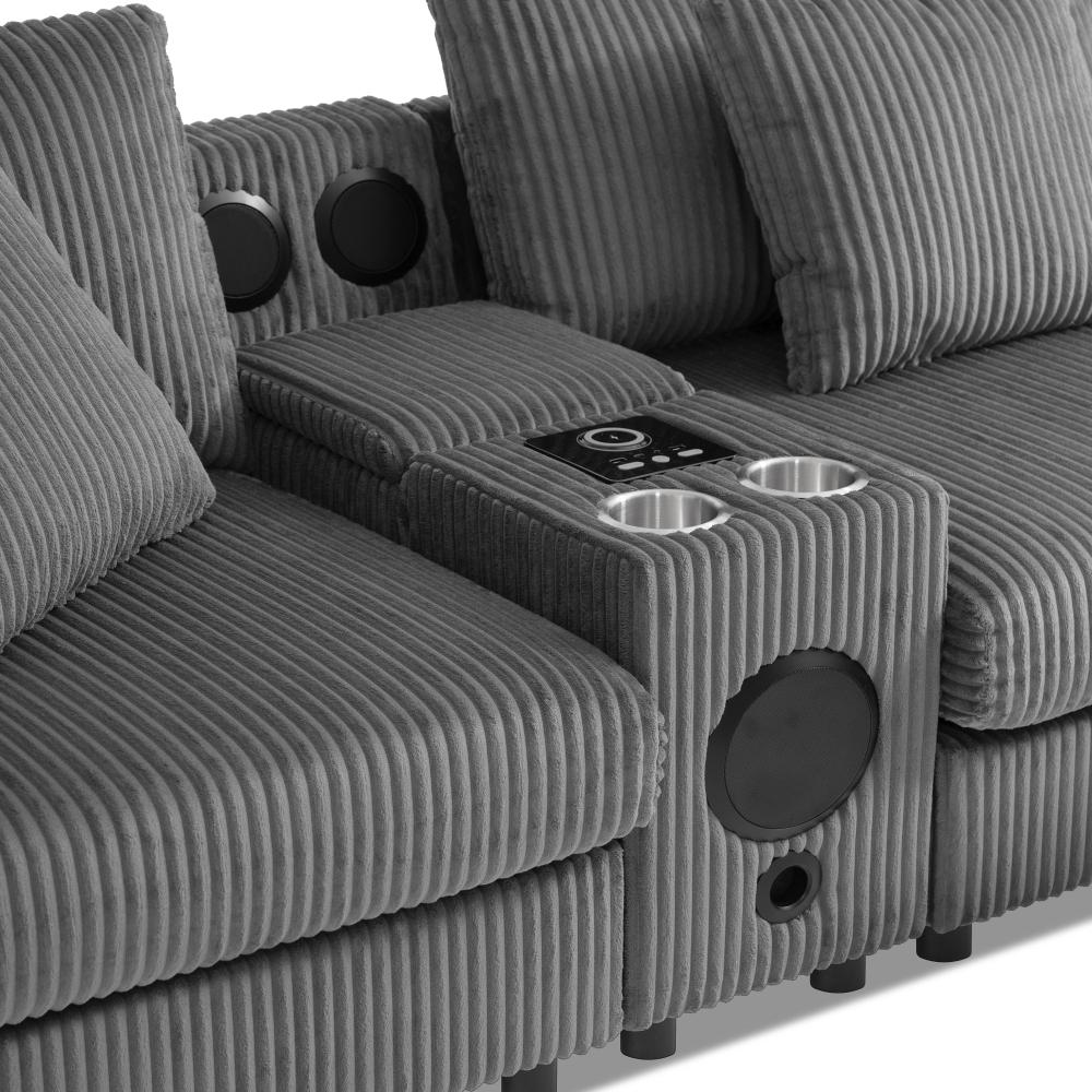 112'' Corduroy Sectional Sofa with Bluetooth Speakers, L-Shaped Couch with Console, USB Charger, Cup Holders, Storage, Ottoman, Deep and Wide Seat Cloud Sofa for Living Room & Apartment