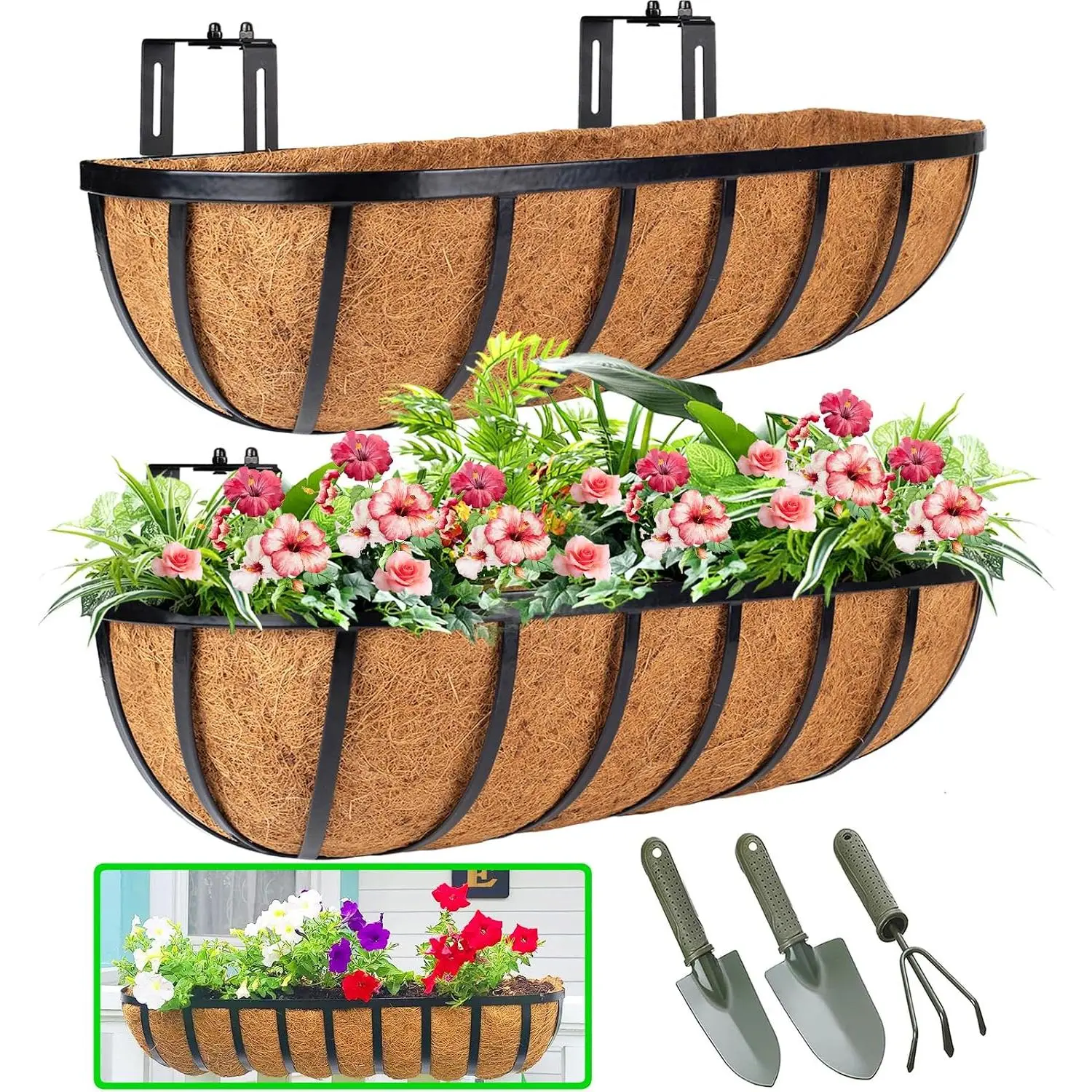 Deck Balcony Railing Planter Window Boxes - 4 Pack 24 Inch Planter Box, Balcony Planters Railing , Window Boxes Outdoor Fence Planters