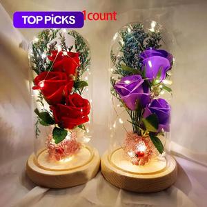 artificial roses bouquet with transparent glass storage box & led light, eternal flower bouquet for party & room decor, red decorative rosy eternal flowers ornaments diy accessories, gift, home decor