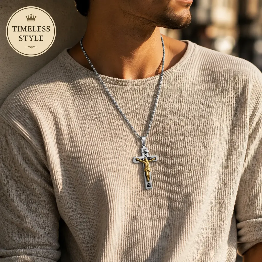 56mm Silver Crucifix Necklace with Gold Jesus Relief & Black Engraving, Durable Wheat Chain