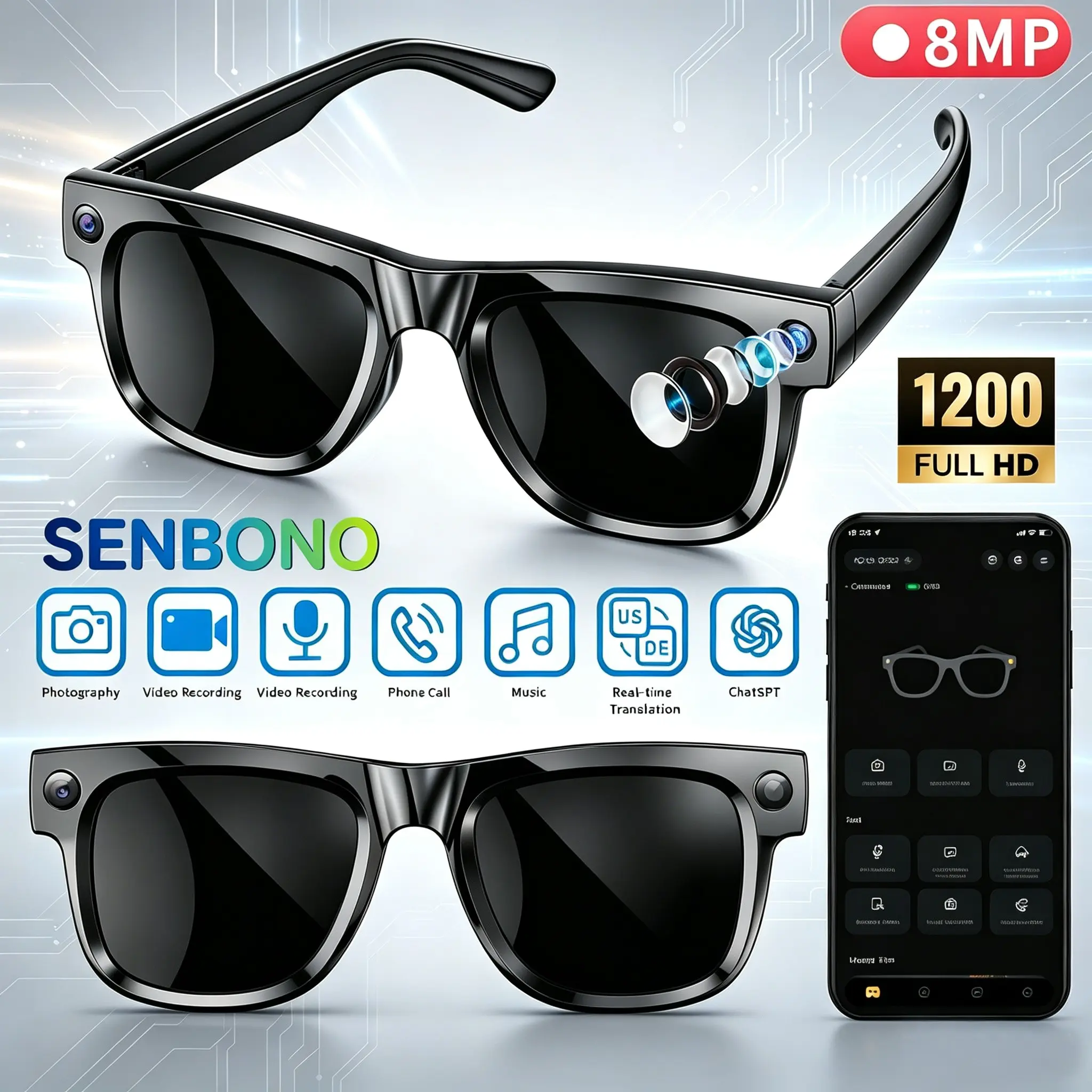 8MP All-in-One Smart Glasses integrating a camera, translation, earphones, and AI features, AI conversation, 1200P HD video recording, wireless calling, photo translation, recording, Sunglasses with cameras, ideal outdoor gift