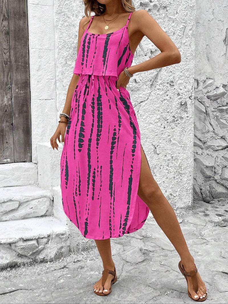 Women's Spring Summer Fall Tie Dye Thin Strap Split Thigh Waist Cinched Dress, Multicolor Floral Print, Casual Vacation