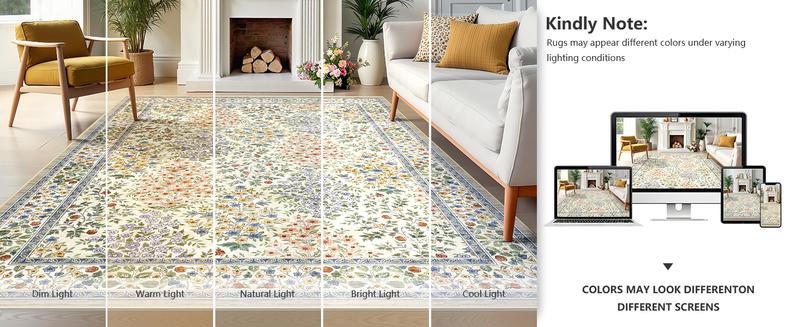 8x10 Area Rugs, Machine Washable Low Pile Floral Faux Cashmere Rugs for Living Room, Bedroom, Large Boho Area Faux Cashmere Rug with Non-Slip Backing for Dining Room(Beige Floral)