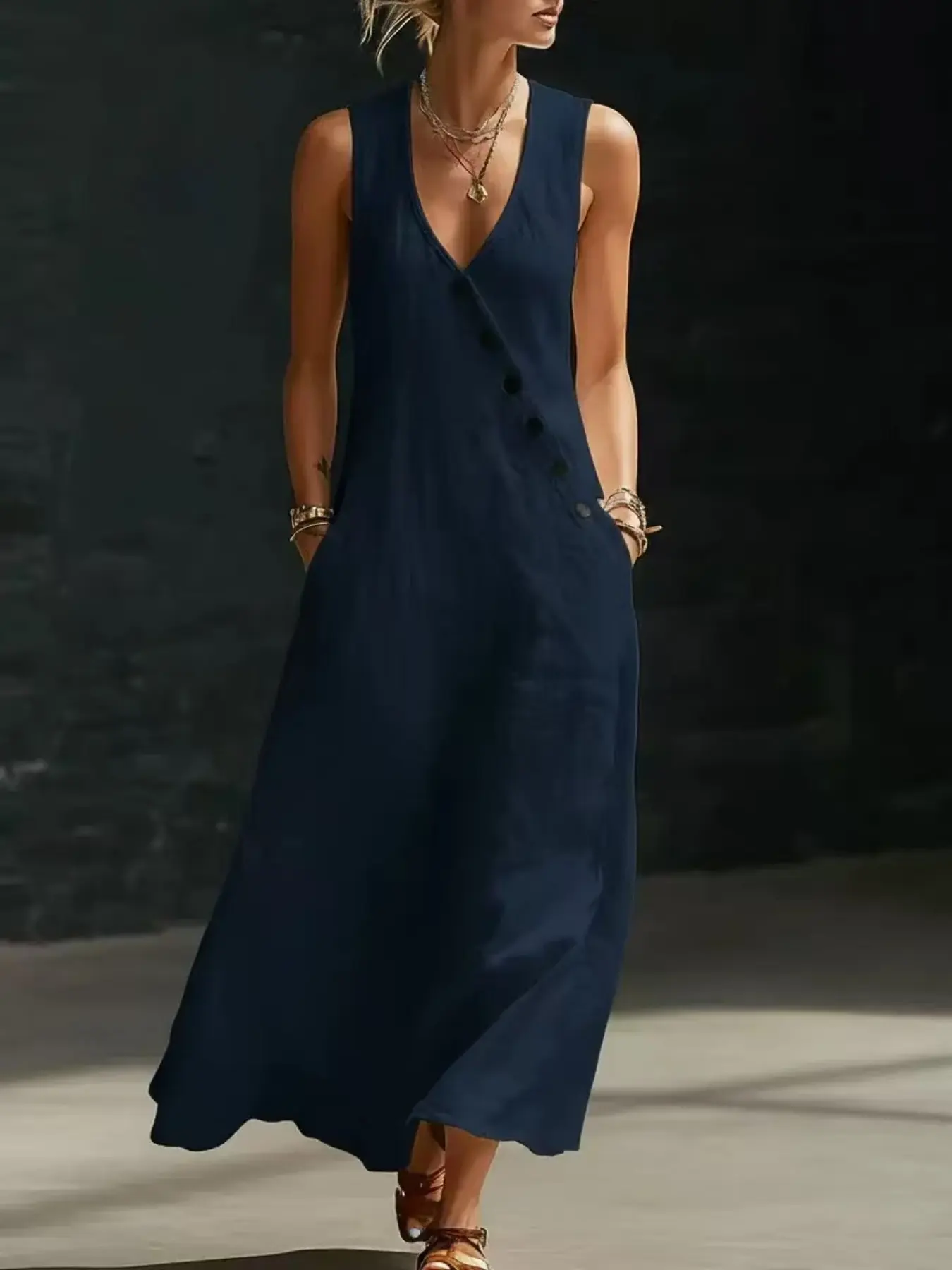 Summer & Spring European Style Lazy V-Neck Buttoned Linen Cotton Long Dress, Sleeveless Tank Top Maxi Skirt, Casual Wear Fashion