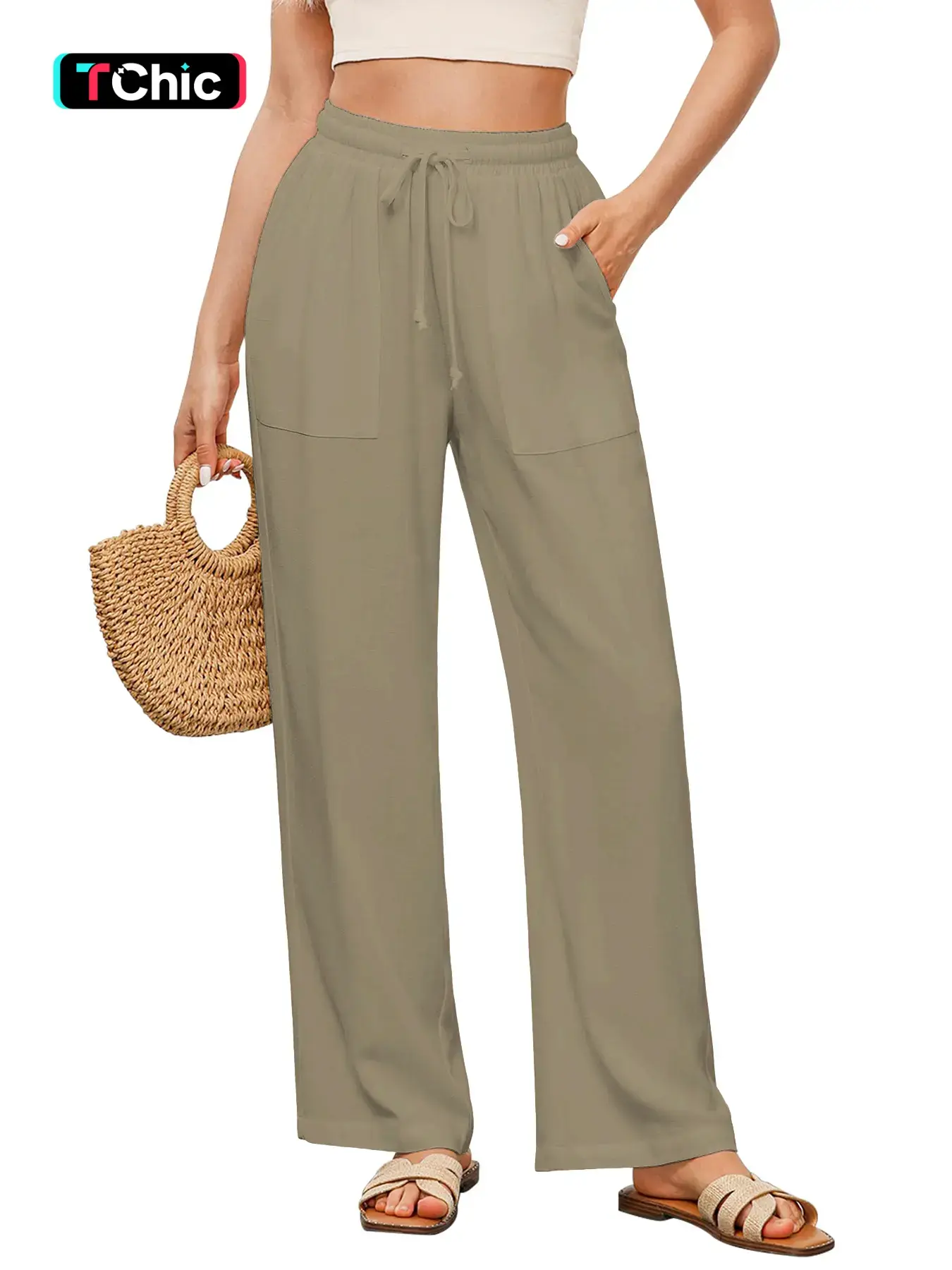Women's Casual Loose-Fit Linen Wide Leg Pants, Bottoms, High Waist Adjustable Drawstring Straight Leg Pocket Design, All Season Comfortable Woven Fabric