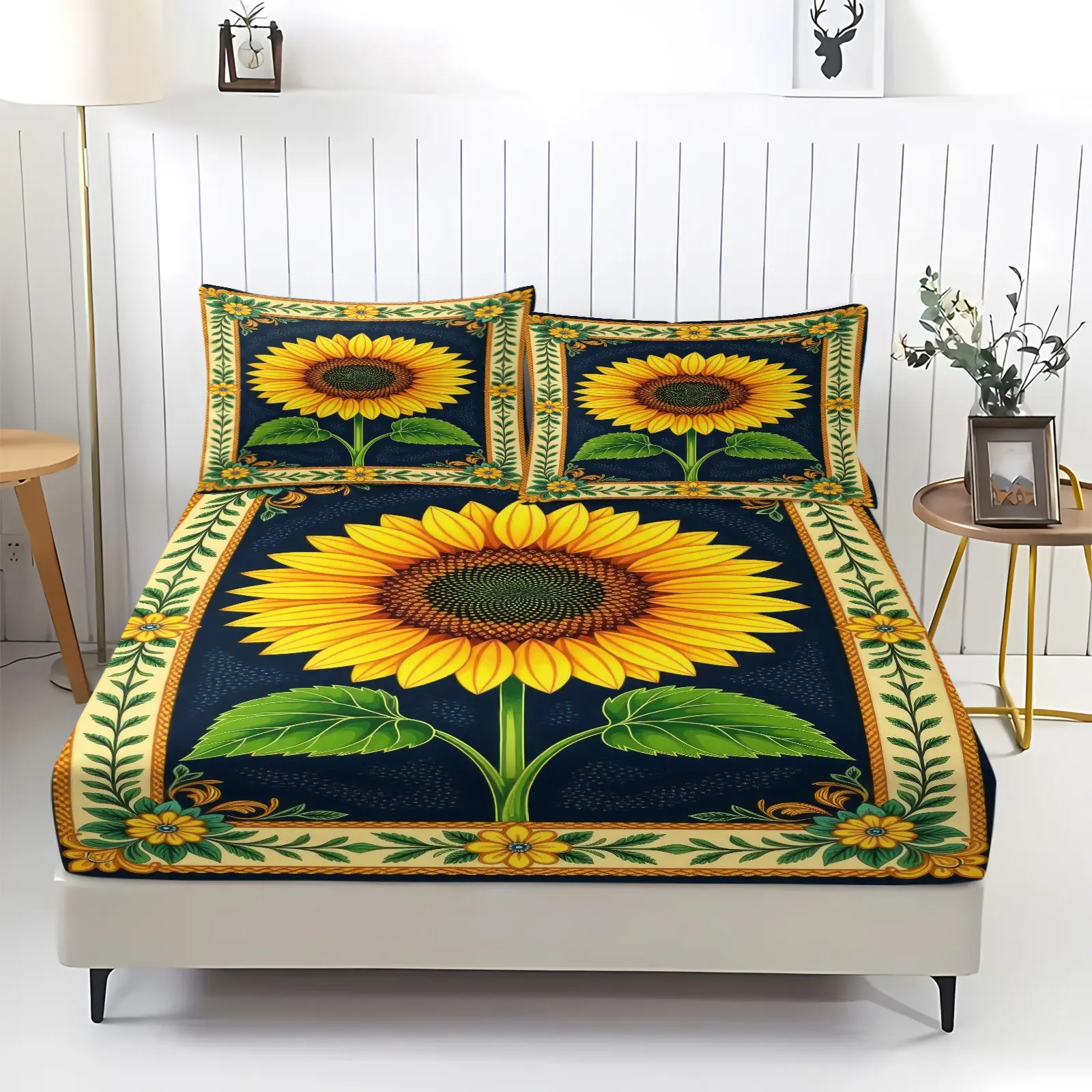 3‑Piece Vintage Sunflower Fitted Sheet Set, Breathable Sheet Set, Dark Navy Blue Printed Bedding Set, Deep Pocket Stretch Fitted Sheet, Wrinkle‑Resistant Microfiber, 1 Fitted Sheet + 2 Pillowcases, Machine Washable for Bedroom