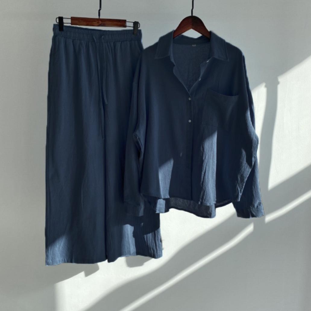 Ms. Xun's 2-piece Retro Plus Size 2026 Cotton Linen Shirt Set with High-waisted Loose Trousers