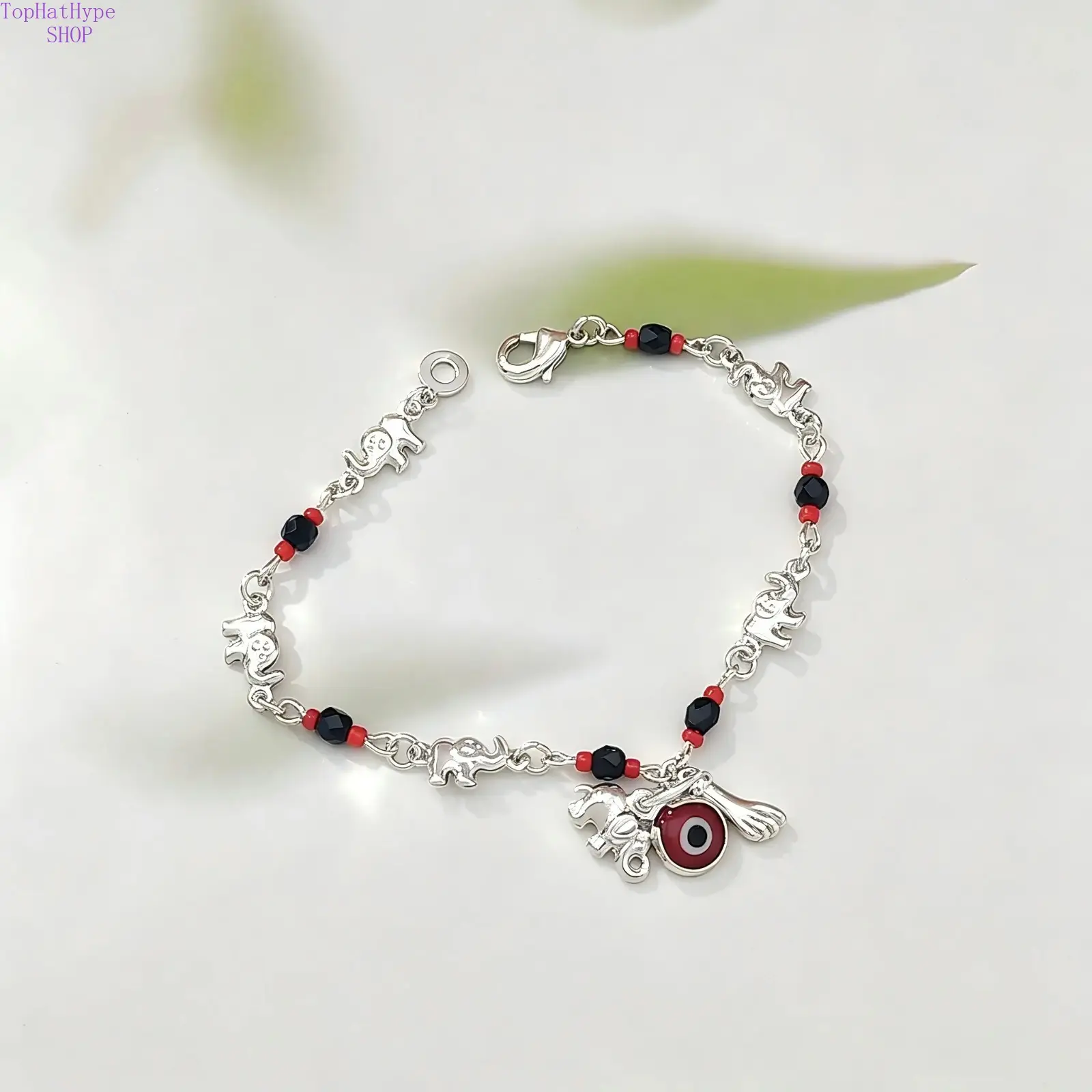 925 Sterling Silver Evil Eye Elephant Charm Bracelet for Women, Red Black Beaded Protection Lucky Bracelet with Horse & Hand Pendant Amulet Jewelry Gift