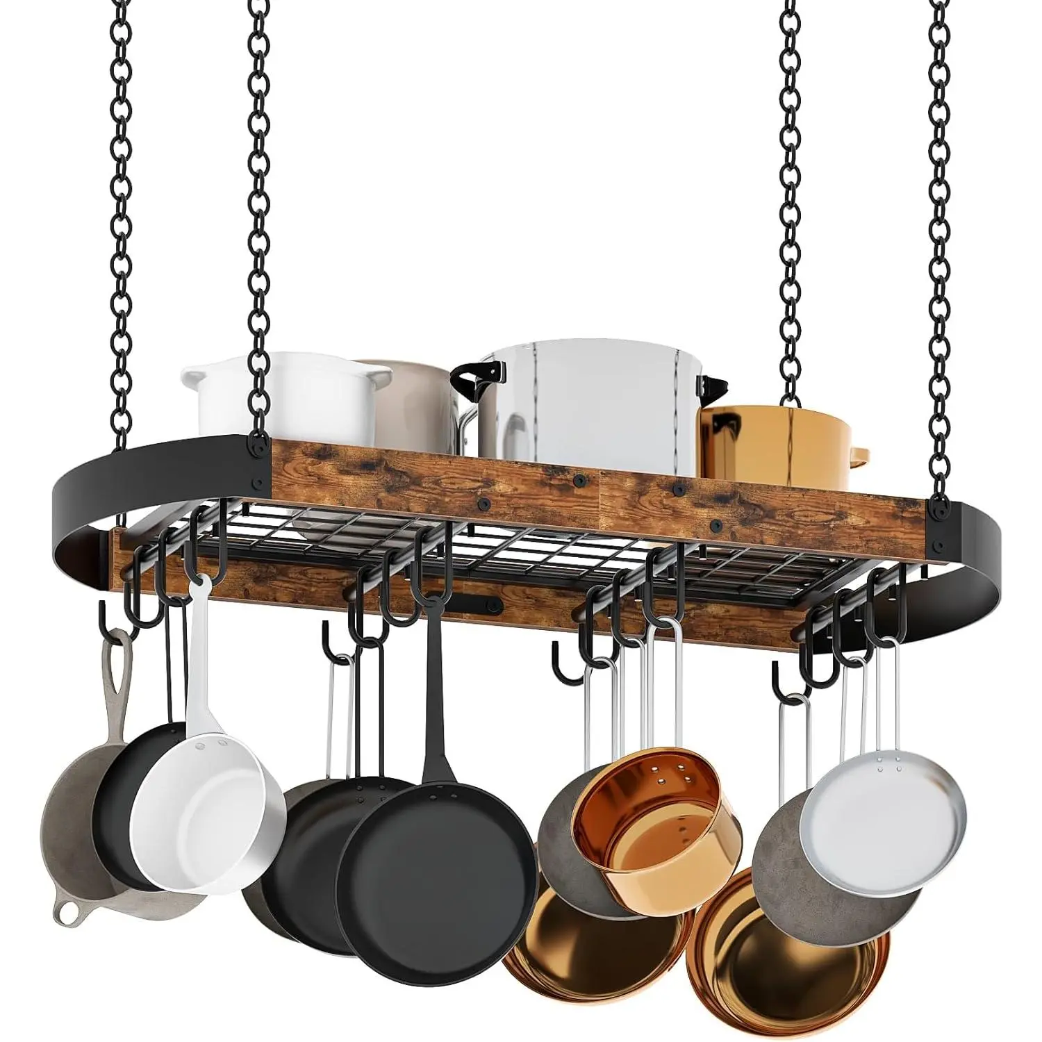 31.7-Inch  Pot Rack, Space-Saving Pot Hanger for Kitchen, Ceiling Pan  Rack with 16 Detachable S Hooks, Sturdy Metal Frame, Industrial Style, Rustic Brown and Black TPR09BF