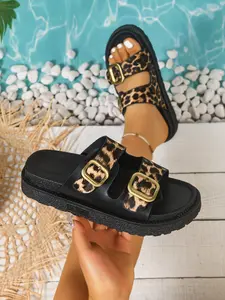 Women's Leopard Print Thick Sole Sandals, Metal Buckle Open Toe Slippers, Non-Slip Summer Casual Fashion Footwear for Women