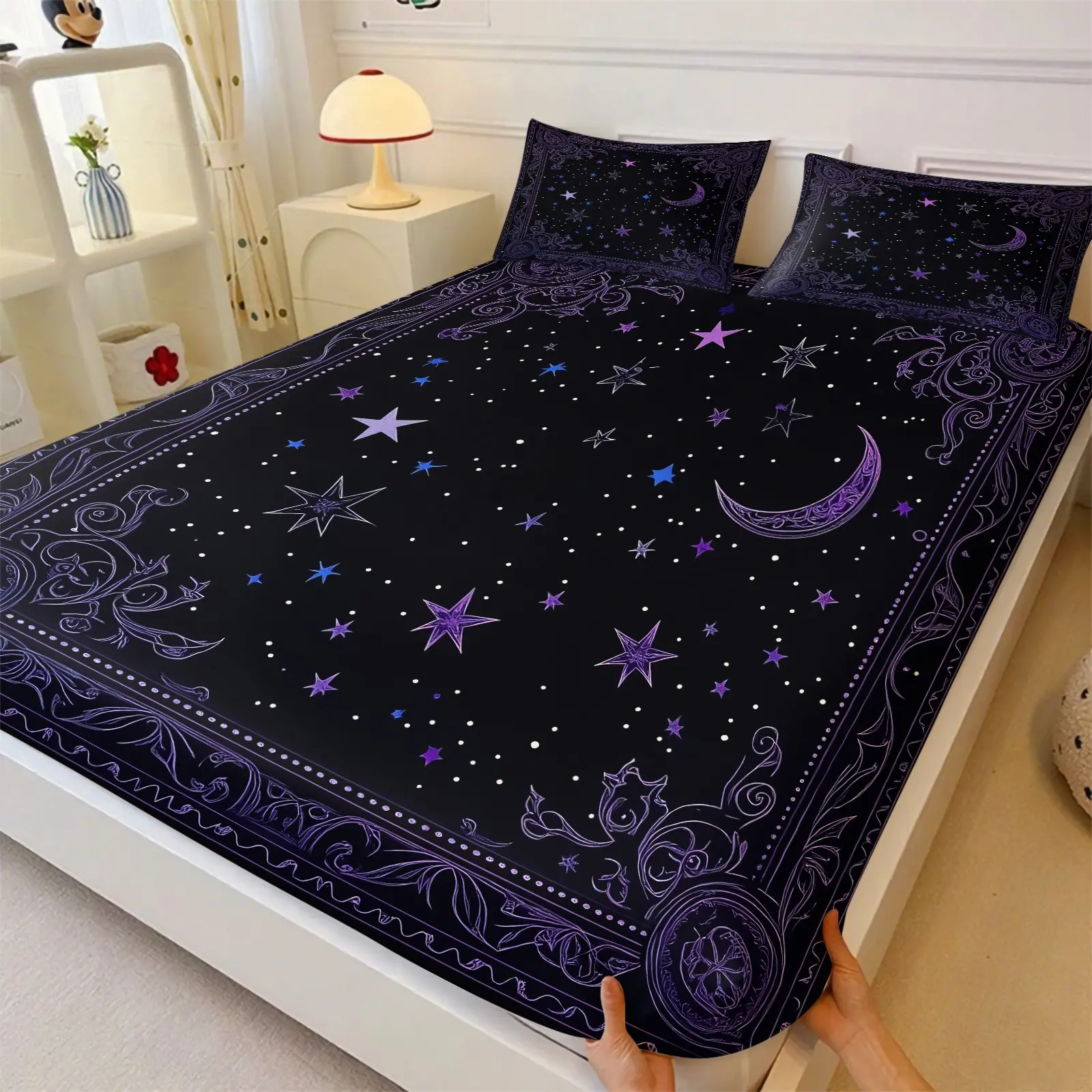 Black Star Moon Pattern Design Fitted Sheet Set, Include 1 Bedspread and 2 Pillowcases, Vintage Ornate Border Celestial Print Mattress Cover, All Round Elastic Band Deep Pocket Bedcap, Soft Cozy Bedroom Linen Gift for Astronomy Lovers