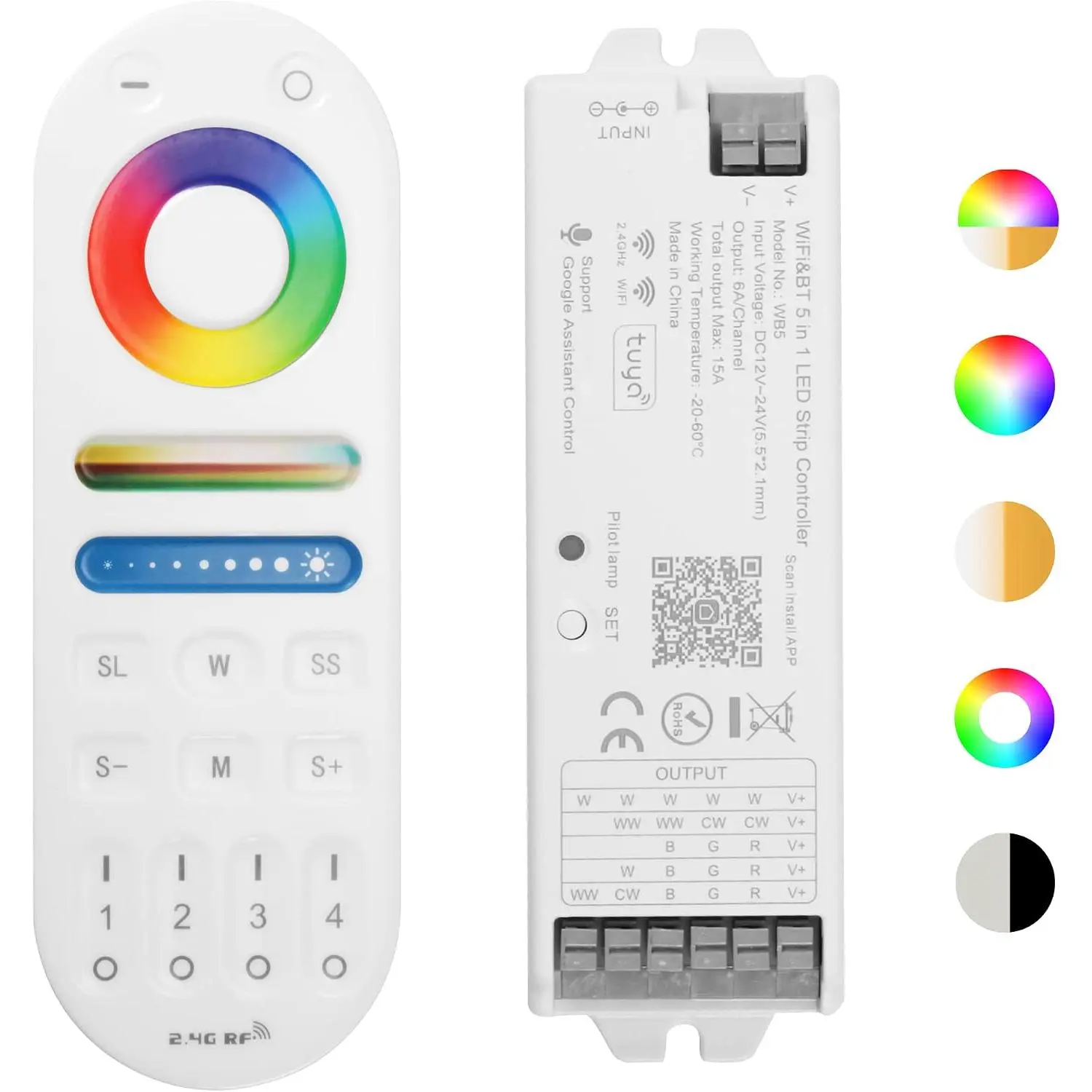 RS Series RGB CCT LED Controller Kit (R1+S1), 12-24V 180W-360W, RF  Remote Control / 5-in-1 WiFi Controller Compatible with Alexa    Life Tuya  APP Control