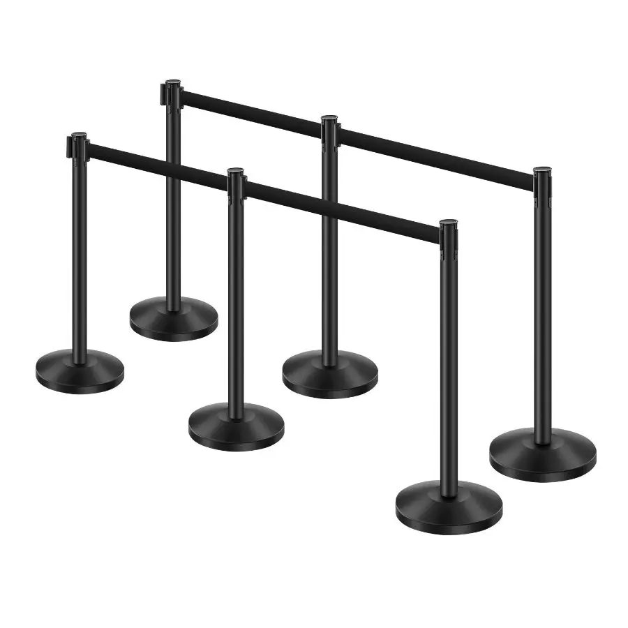 VEVOR Carbon Steel Crowd Control Queue Barriers, 6 Stanchion Posts with Retractable Belts, Black Stanchions with Sand-Injection Hollow Bases for Theaters, Weddings