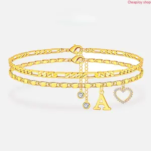 2026 Double-Layer 26-Letter Gold-Tone Chain Heart-Shaped Anklet with a heart-shaped pendant; featuring an adjustable design, it is perfect for women. It’s a summer must-have and an ideal Valentine’s Day gift.