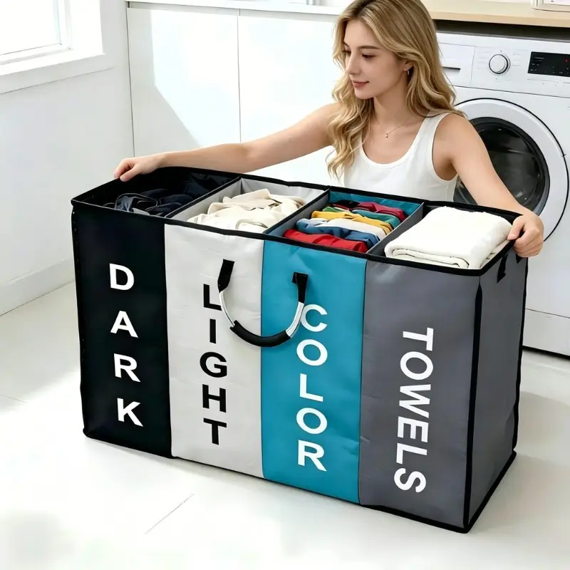 Large Capacity 4 Compartment Laundry Hamper, Portable Fabric Dirty Clothes Storage Basket, Laundry Sorter Baskets With 4 Color Separation Zones, Multi-Sort Washing Organizer For Home Dorm RV Household Daily Use