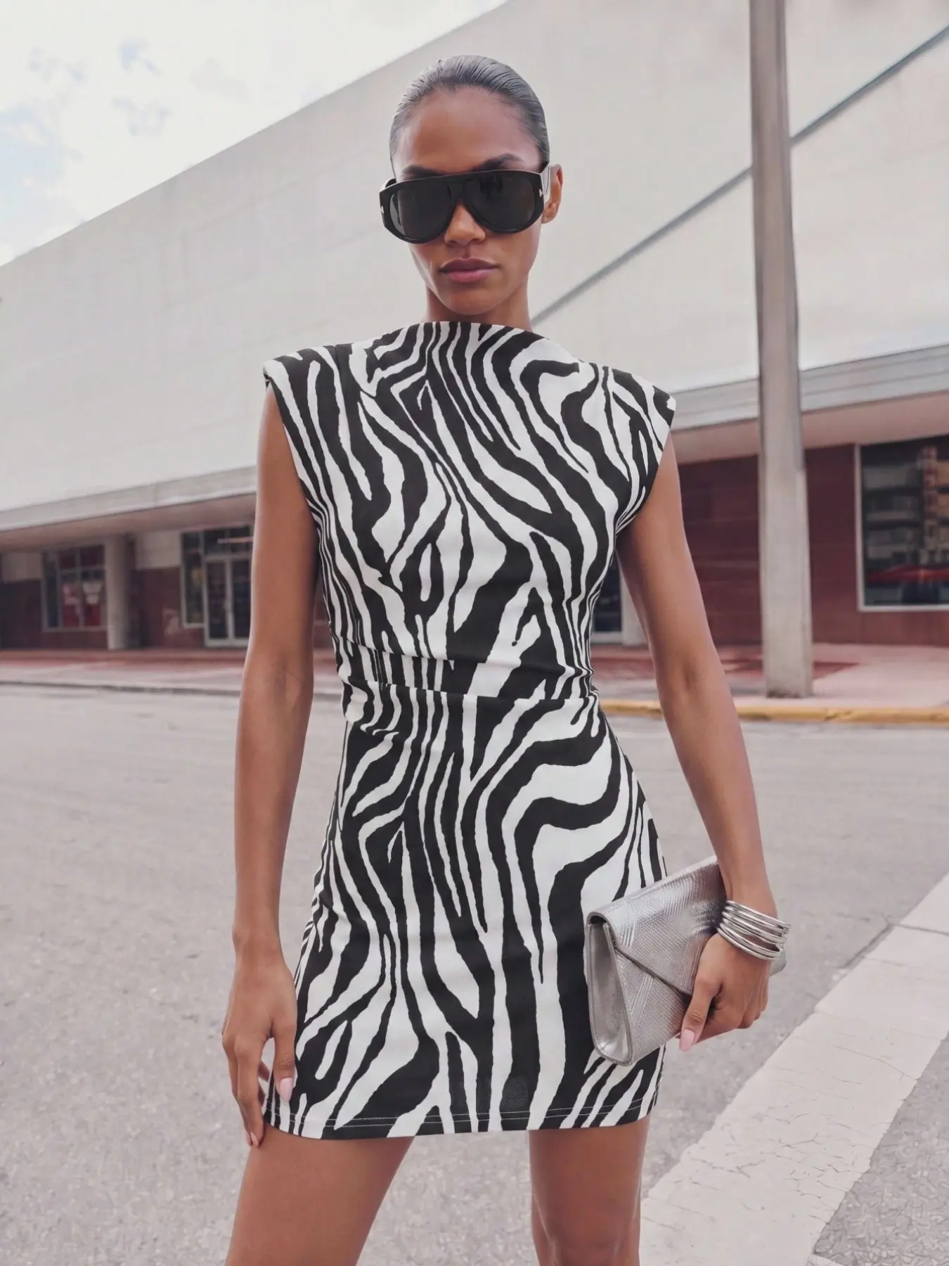 New Urban Wide Shoulder Fitted Zebra Print Statement Dress for Women, and Animal Print, Summer Club Night Streetwear, Casual Wear, Vintage