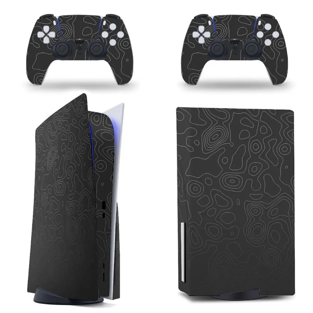 Black Topographic Contour Line Design Vinyl Skin Sticker Set Compatible with PS5, PS5 Slim, or PS5 Pro Models, Stickers for 1 Console and 2 Controllers, Stickers Only, Console and Controllers Not Included