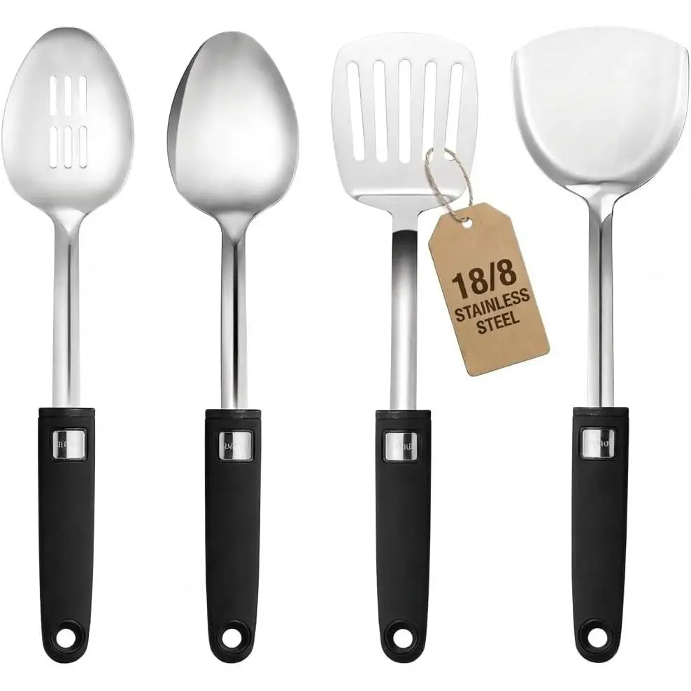 4 count Stainless Steel Kitchen Utensils 18/0 Cooking Utensils Set | Include Solid & Slotted Turner Wok Spatula, Cooking Spoons, Heat Resistant Kitchen Tool,  Handle, Dishwasher Safe