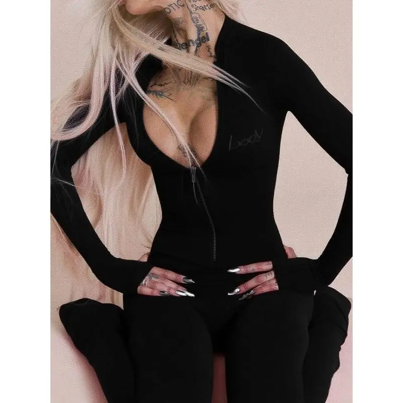 Women's Sexy Fashion Street Style Zipper Long Sleeve Jumpsuit, Tight-Fitting Fall & Winter, Plain Pattern, Moderate Fabric Thickness