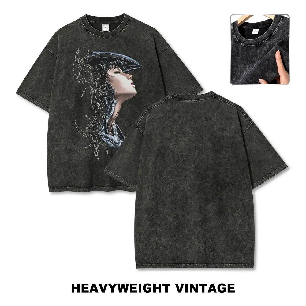 Men's Oversized Casual T-Shirt - Unisex Vintage Washed Heavyweight Cotton Clothes, Short Sleeve, Cyberpunk Girl Graphic, Acid Wash Streetwear Tops, Multi-Size