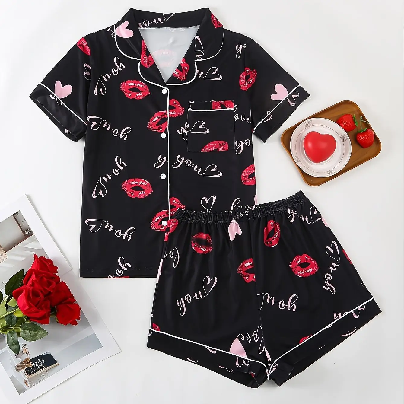 Women's Kiss Print Pajama Set, 2 Piece Short Sleeve Button Down Sleepwear with Elastic Waist Shorts, Black Lip and Heart Graphic Lounge Set, Soft Casual Nightwear for Women, Valentine's Day Gift, Honeymoon Bridal Sleepover Home Outfit, Cute Love PJs