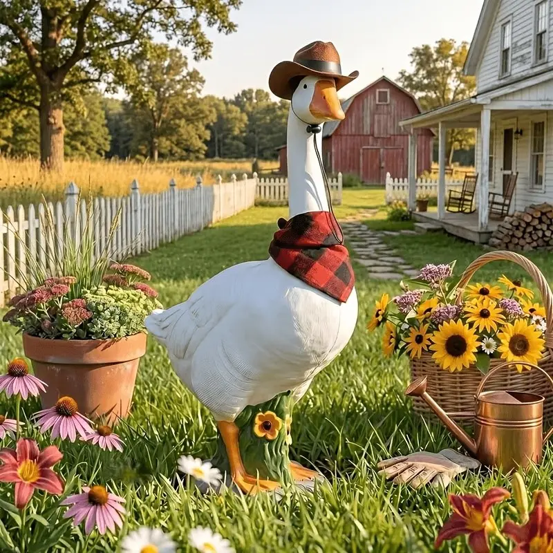 Western Cowboy Porch Goose Statues, Resin Garden Decor, Sunscreen Outdoor Courtyard Decoration, Western Theme Party, 3pcs/set, 32.51cm