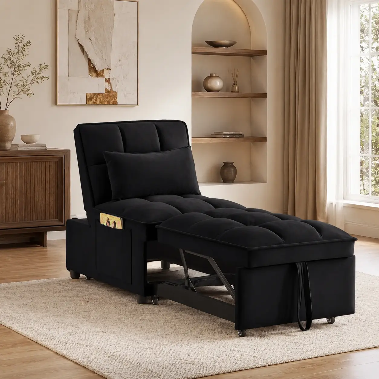 Littleox 4 in1 Multi-Function Single Sofa Bed with Storage Pockets,Tufted Single Pull-out Sofa Bed with Adjustable Backrest and Pillows
