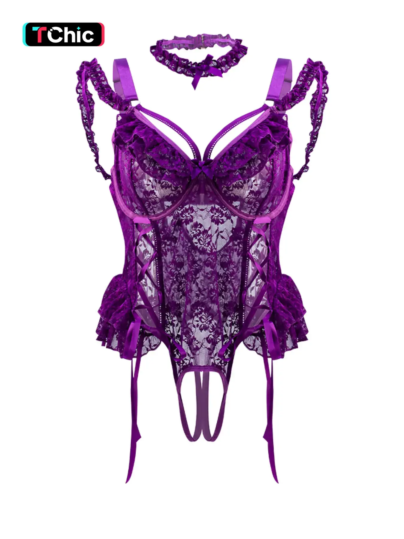 Lace Plus Size Sexy Cut Out Bodysuit Set with Underwire, 2 Piece Suit Includes Bodysuit and Collar Necklace, Women's Fashion Clothing sexy curvy clothes haul baddie