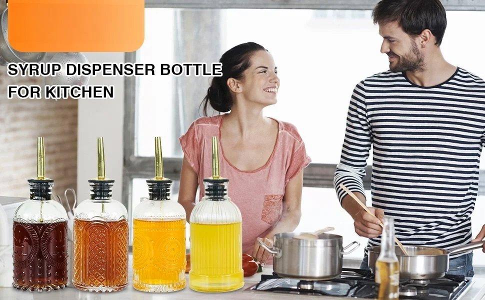 THE WELL KEPT 4 pcs Glass Coffee Syrup Dispenser,7oz Simple Glass Syrup Bottle Set,Coffee Bar Accessories with Metal Pour Spout Ideal and labels for Coffee Syrups,Coffee bar