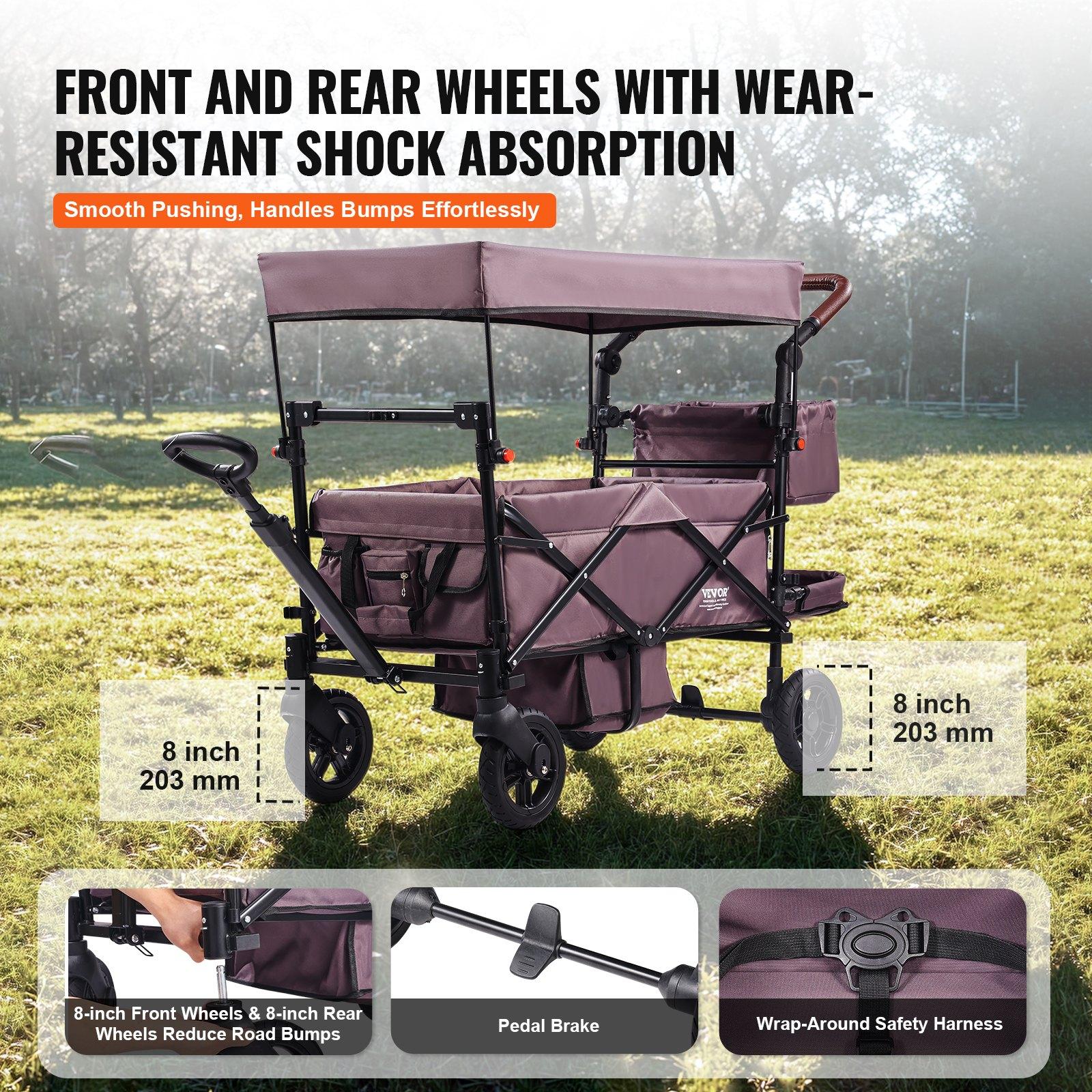 VEVOR Wagon Stroller for 2 Kids, Push Pull Quad Collapsible Stroller with Adjustable Handle, Encircling Harness Removable Canopy,4 Wheels w/ Brakes,Mutifunction Tandem Stroller for Camping Dark PurpleSummervibes