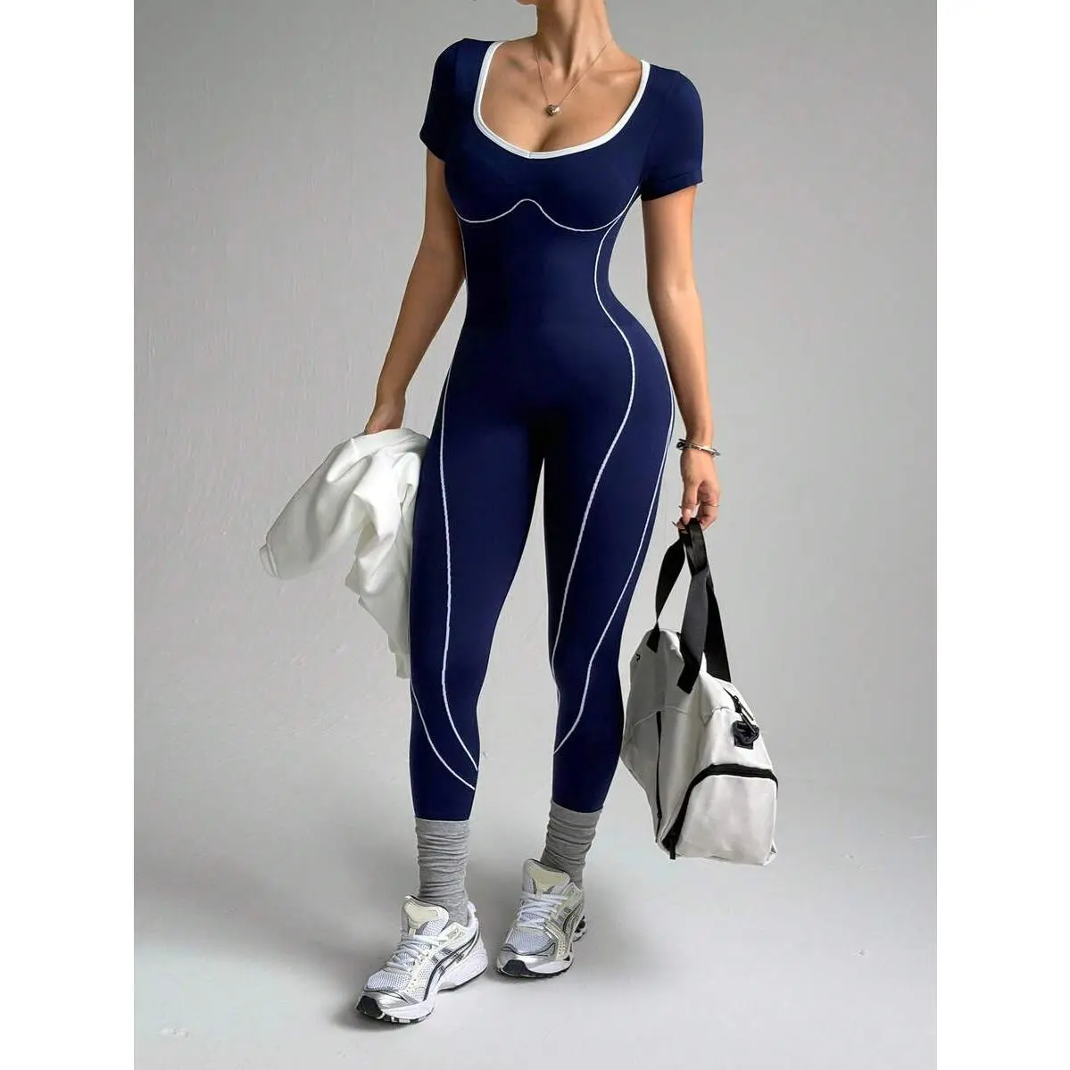 1pc Women's Seamless Letter Design Jumpsuit,Navy Blue And White Athleisure Gym Body Suit Running Yoga Fitness Compression Athletic,Padded,Tummy,Control