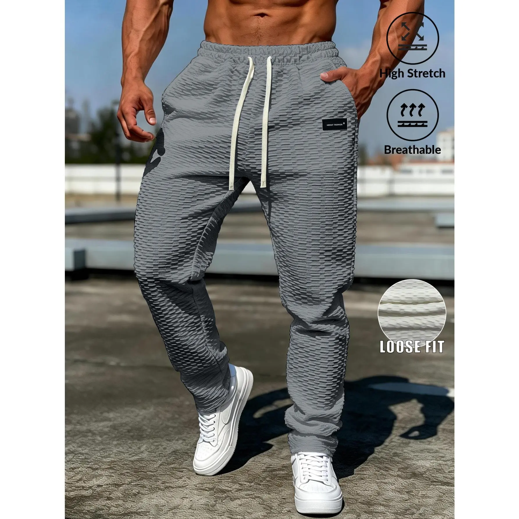 Men's Stretch Sports Jogging Pants, Lightweight and Breathable, Elastic Elastic Band, Unique Pleated Bubble Texture, Suitable for Mountain Hiking, Daily Outdoor Walking, Fitness Training, and Weekend Leisure Activities