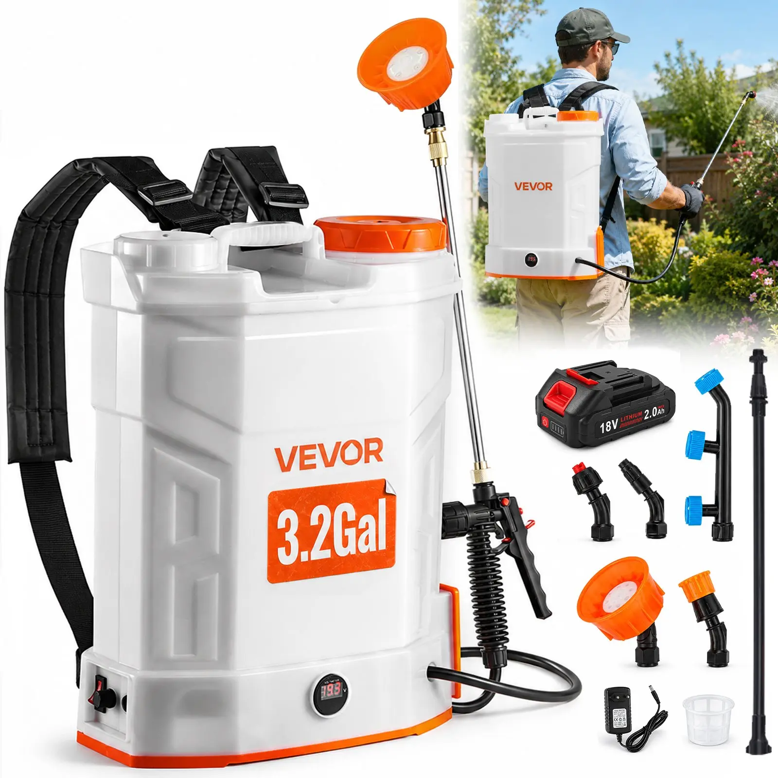 VEVOR Battery Powered Backpack Sprayer, 3.2 Gal Powerful Electric Backpack Sprayer, 2 Retractable Wands & 5 Nozzles, Adjustable 0-90 PSI, 2 Hour Runtime, Portable Weed Sprayers for Yard Garden Lawn