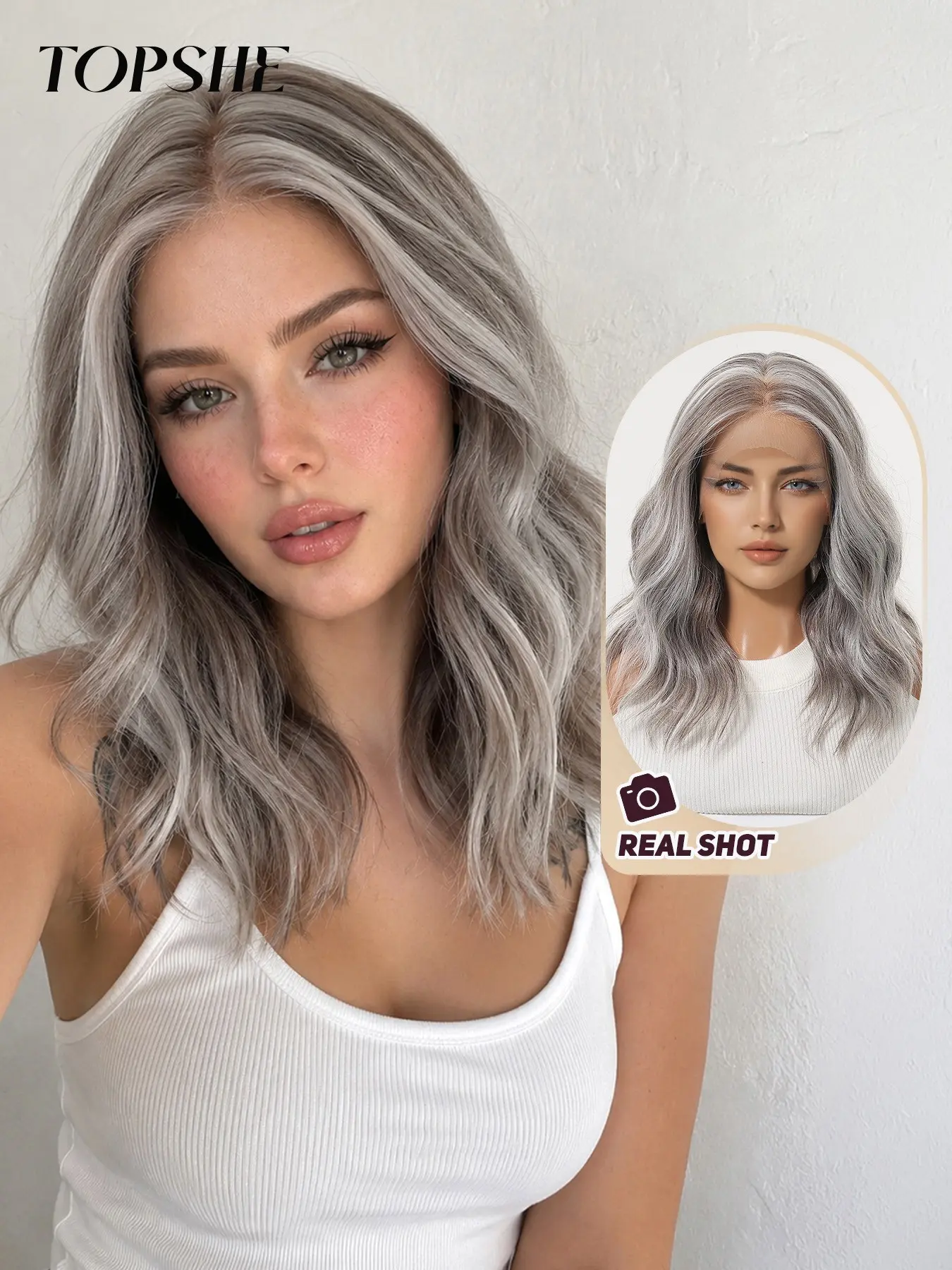 Topshe 14-Inch Lace Front Synthetic Wig, Silver Highlights, Big Wave Medium-Length Hair, Heat-Resistant Fiber, Daily Use, Women's Wig, Fluffy Synthetic Wig, Premium Synthetic Wigs