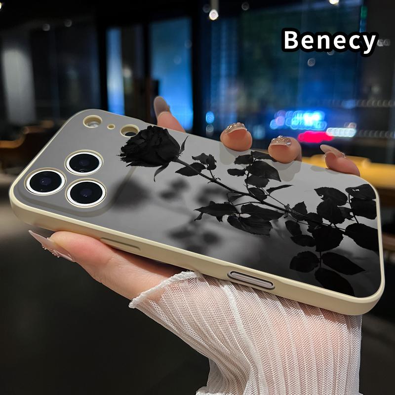 Straight Edge Phone Case for iPhone 17 15 16 14 Pro Max 13 12 11 XR XS Plus Air E Black Rose Pattern Anti-Scratch Shockproof Soft Liquid Silicone Protective Cover Smartphone Casing