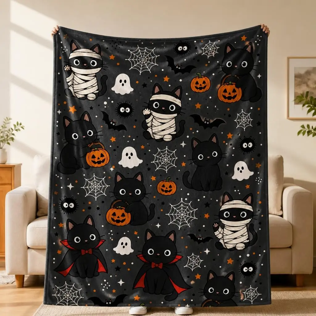Cute Cat Halloween Flannel Blanket, Mummy Vampire Cat Pumpkin & Spider Web Print, Soft Cozy Lightweight Warm Throw, Spooky Fall Decor & Cat Lover Gift