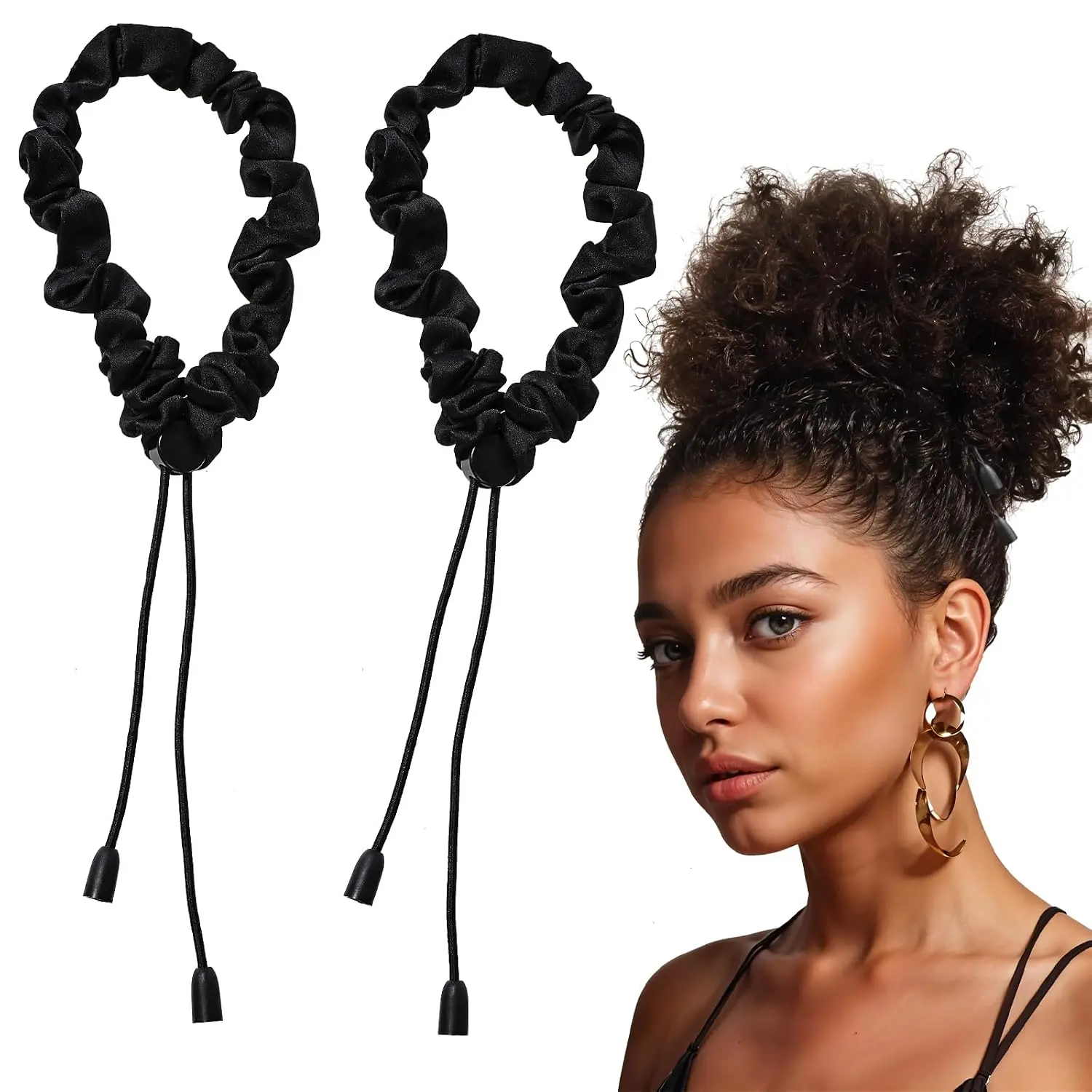 2 count Adjustable Satin Hair Scrunchies, 2 Sizes No Slip Silk Hair Ties for Afro Puff Black Invisible Ponytail Holders Hairband Extra Length Hair Accessories for Women Girls Thick Curly Hair