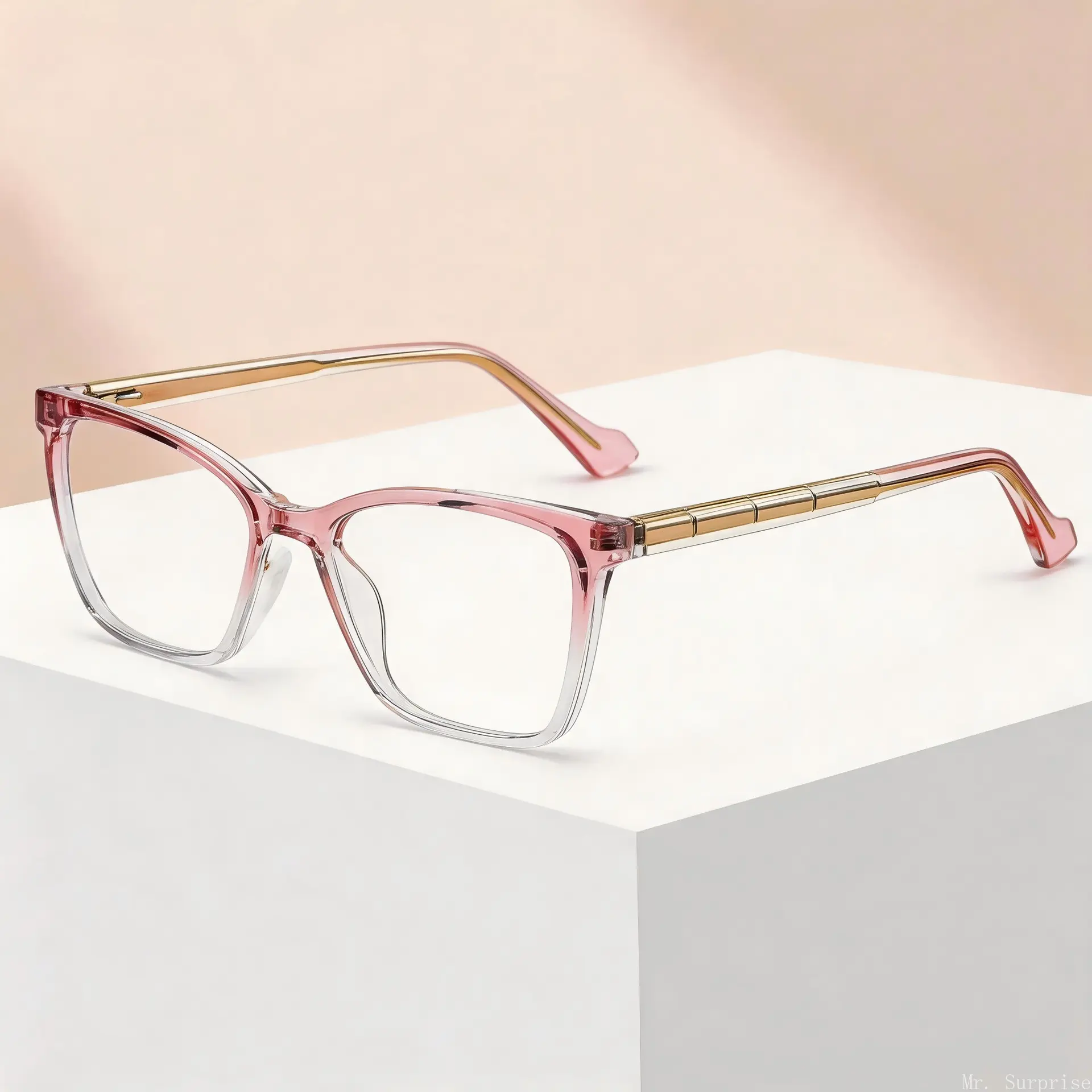 Elegant Gradient Pink‑Clear Square Eyeglass Frame For Women, Decorative Gold‑Tone Segment Metal Temples, Lightweight Fashion Optical Frame, Frame Only Without Lenses, Suitable For Custom Prescription Lenses For Daily Office Dating Wear