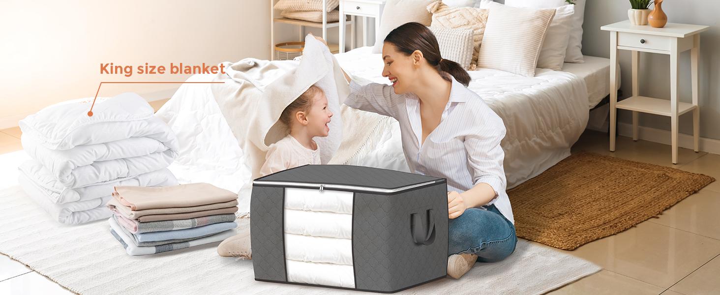 Large Storage Bags, 4 Pack Clothes Storage Bins Foldable Closet Organizers Storage Containers with Durable Handles Thick Fabric for Blanket Comforter Clothing Bedding 90 L (Gray)