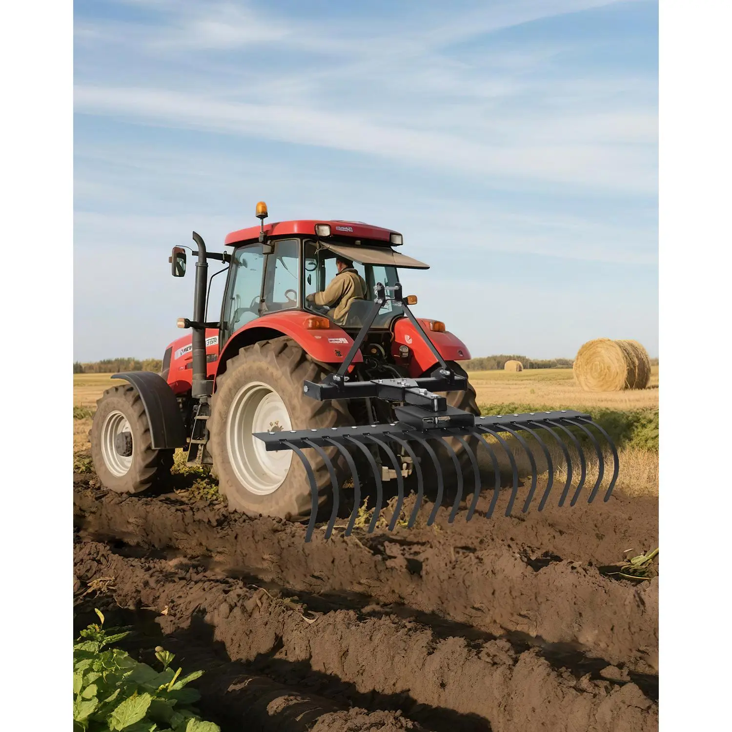 50" 3-Point Landscape Rock Rake Leveling Hoes & Rakes for Category-0/Cat-1 Tractors, 3-Point Hitch Attachment with 360° Rotation, 17 Spring Steel Tines, Pine Straw Harrow for Garden, Farm