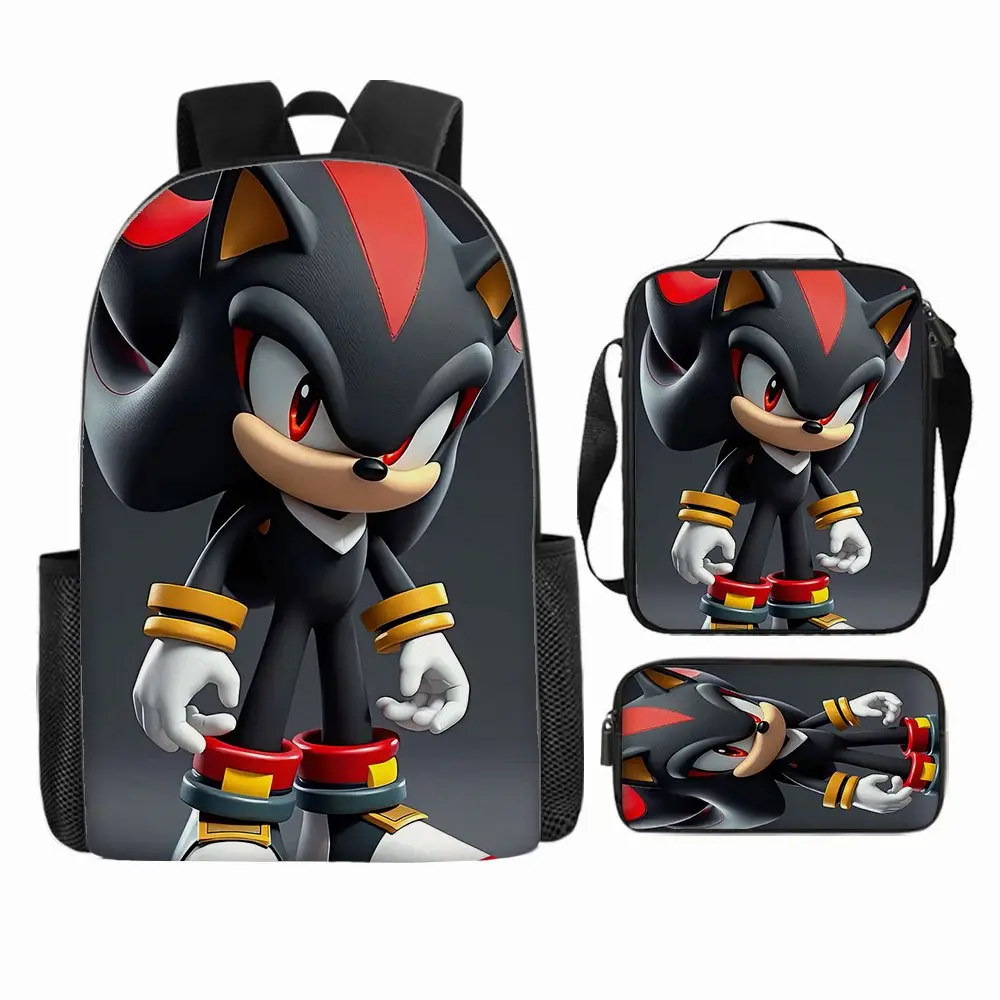 Shadow the Hedgehog 3-Piece Backpack Set, Sonic Series Print School Bag + Lunch Bag + Pencil Case, Oxford Cloth Adjustable Strap Daypack for Fans & Kids