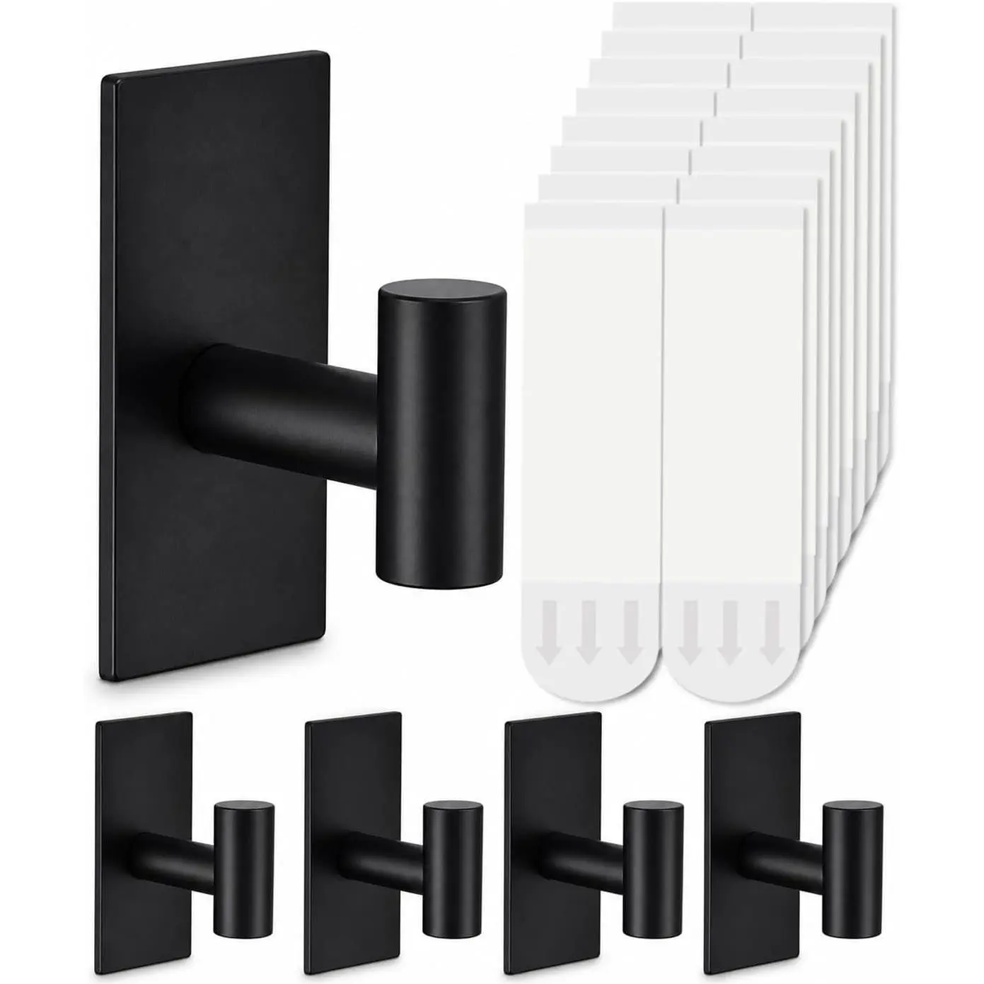 5 Pcs X-Large Black 304 Stainless Steel Heavy Duty Adhesive Towel Hooks, Removable No Damage Sticky Wall Hooks for Bathroom Shower Robe Stocking Decor Outdoor Use