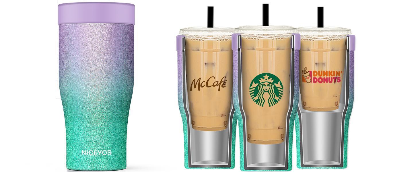 Universal Iced Coffee Sleeve -  Upgraded Double Wall Reusable Stainless Steel Holder Sleeves Insulator for Cold Drinks Fits Starbucks McDonalds Small Medium Large Cups (Glitter) Drinkware Tumbler Insulation Bottled Portable Classic Lid