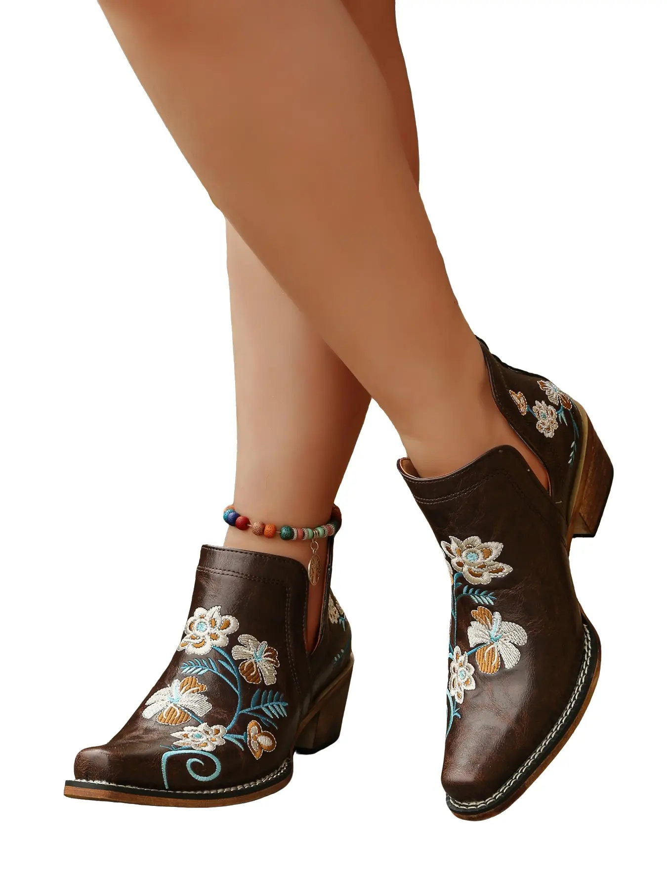 Women's Western Floral Embroidery Short Boots, Pointed Toe Cowboy Ankle Boots, Side Cutout Low Block Heel, Vintage Denim Women's Shoes, Western Fashion Boots