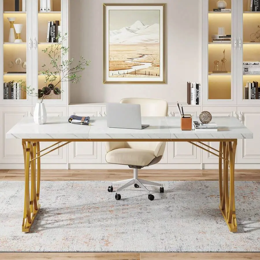 63" W Large Computer Desk, Modern Executive Desk & Conference Table, White And Gold Meeting Room Table, Business Furniture Home Office