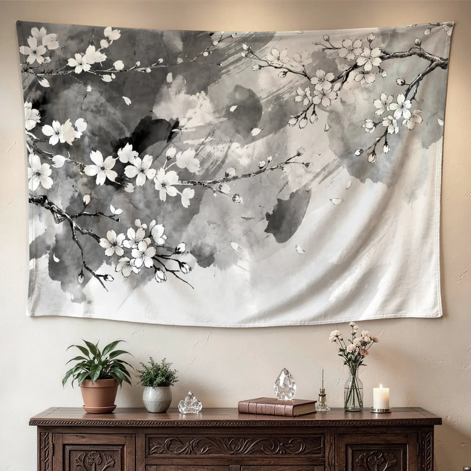 Black and White Ink Wash Cherry Blossom Wall Tapestry - Multi-size 1-Piece Polyester Artwork, Large Horizontal Printed Decor for Living Room, Bedroom, No Installation Required, Gift for Loved Ones, Home Room Decor, One-Piece